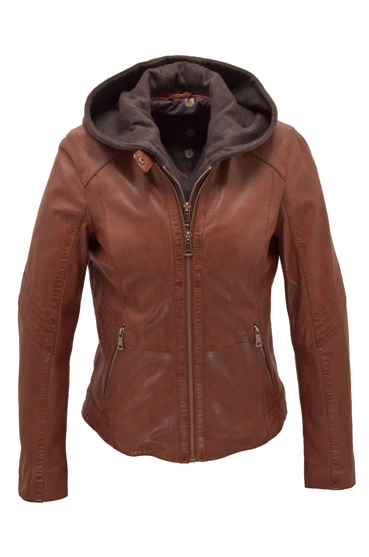 Damen-Lederjacke mit Kapuze in Cognac-Eichenholz