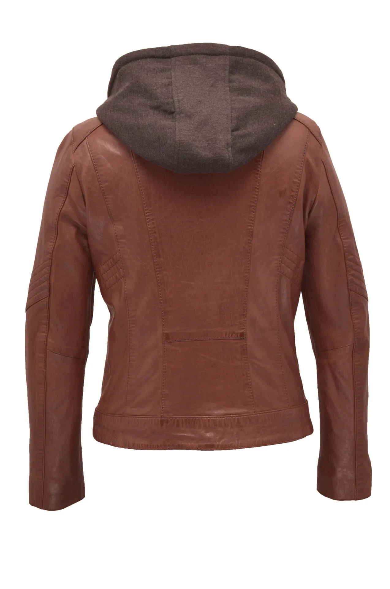 Damen-Lederjacke mit Kapuze in Cognac-Eichenholz