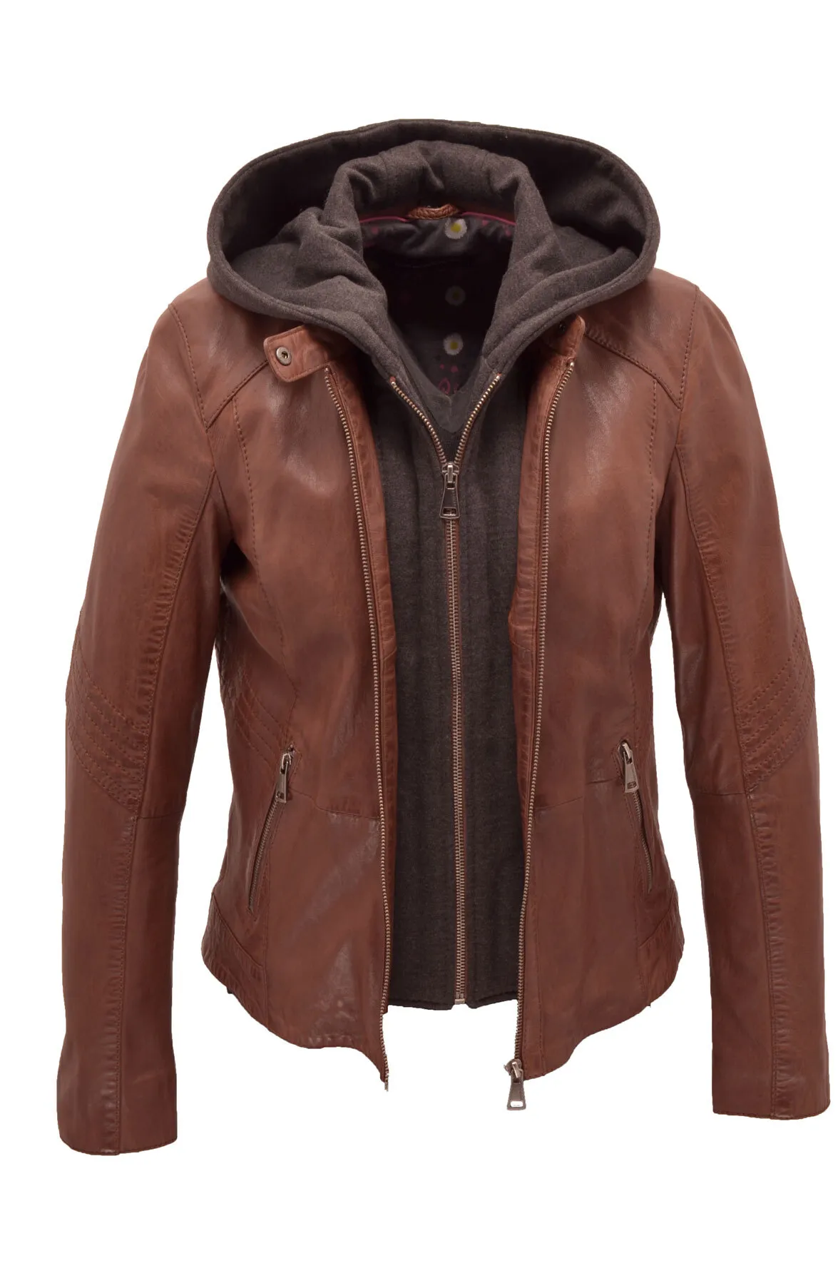 Damen-Lederjacke mit Kapuze in Cognac-Eichenholz