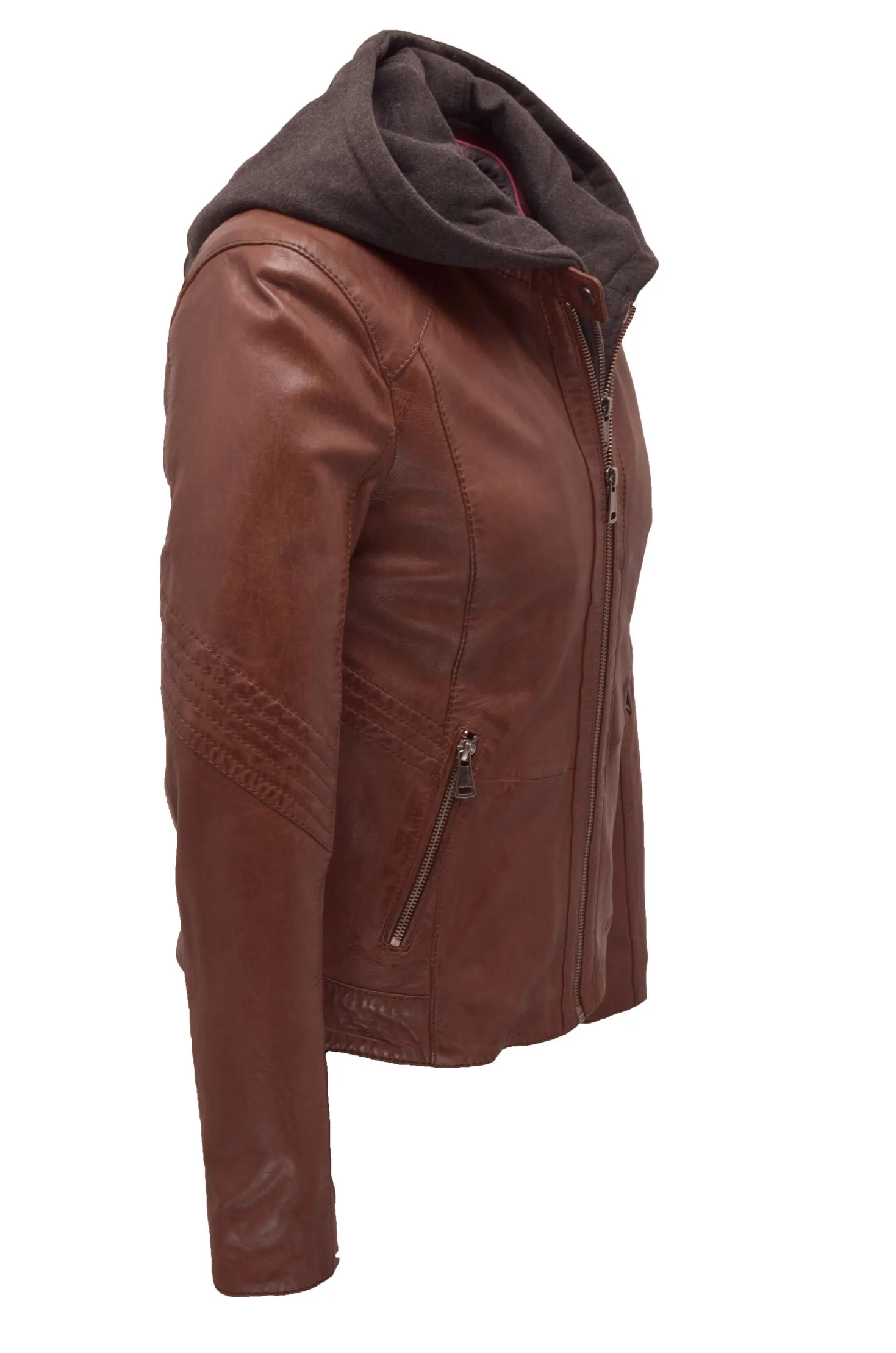 Damen-Lederjacke mit Kapuze in Cognac-Eichenholz