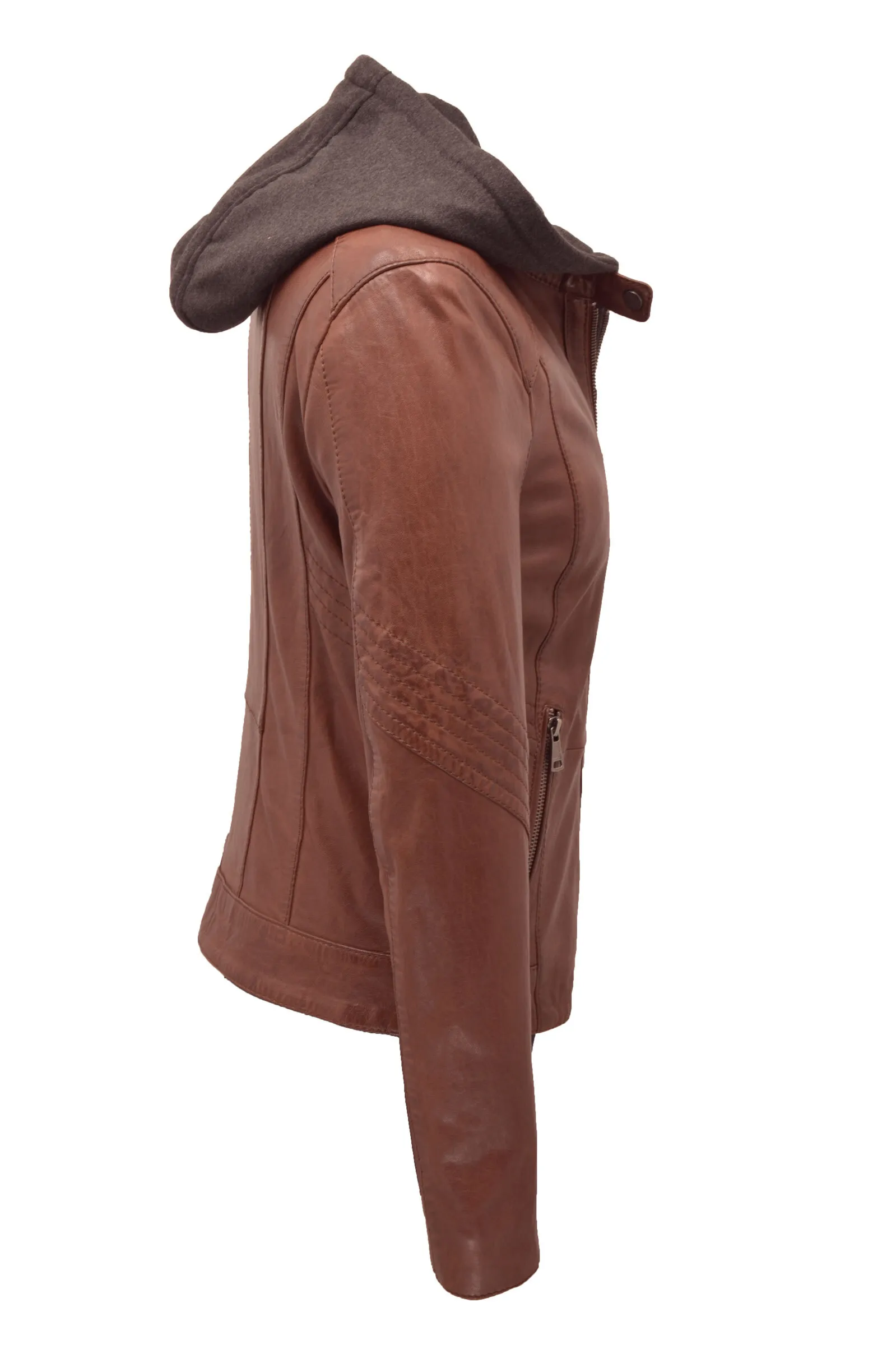 Damen-Lederjacke mit Kapuze in Cognac-Eichenholz