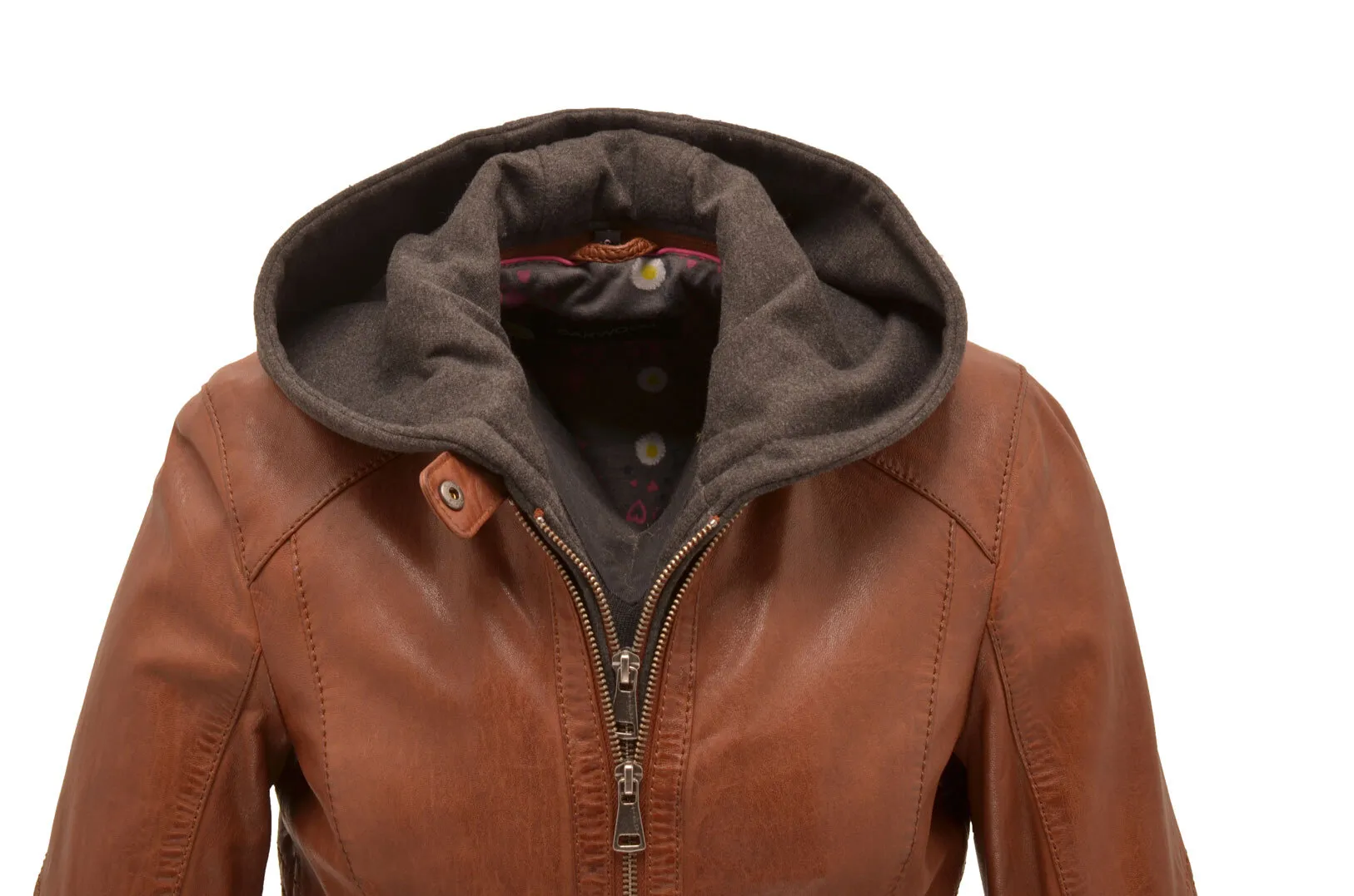 Damen-Lederjacke mit Kapuze in Cognac-Eichenholz