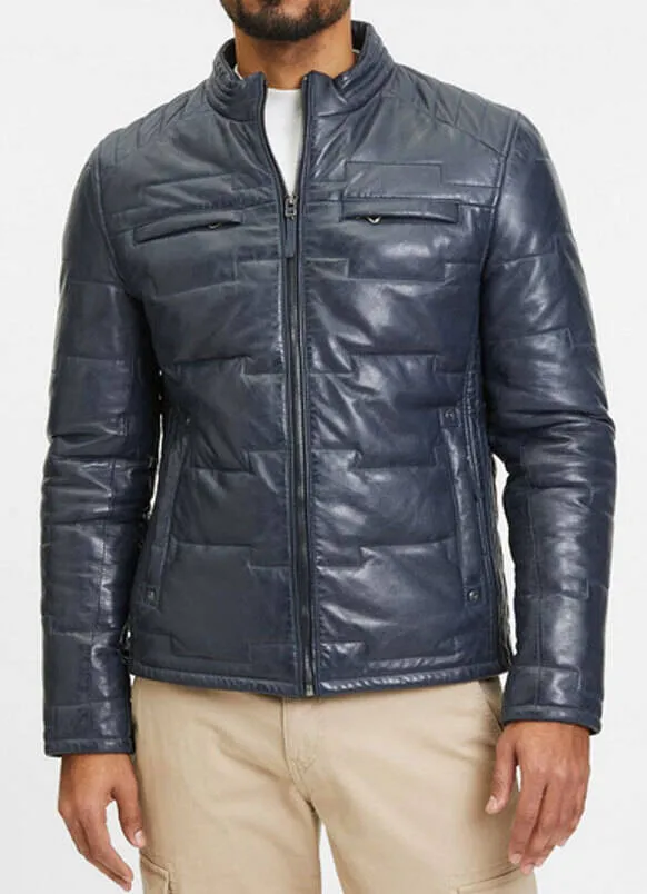 Graue Herren-Lederjacke im Daunenjacken-Stil &bdquo;Aplin&ldquo;.