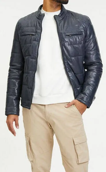 Graue Herren-Lederjacke im Daunenjacken-Stil &bdquo;Aplin&ldquo;.