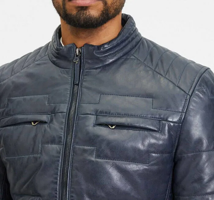 Graue Herren-Lederjacke im Daunenjacken-Stil &bdquo;Aplin&ldquo;.