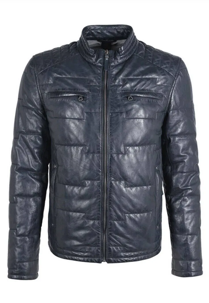 Graue Herren-Lederjacke im Daunenjacken-Stil &bdquo;Aplin&ldquo;.