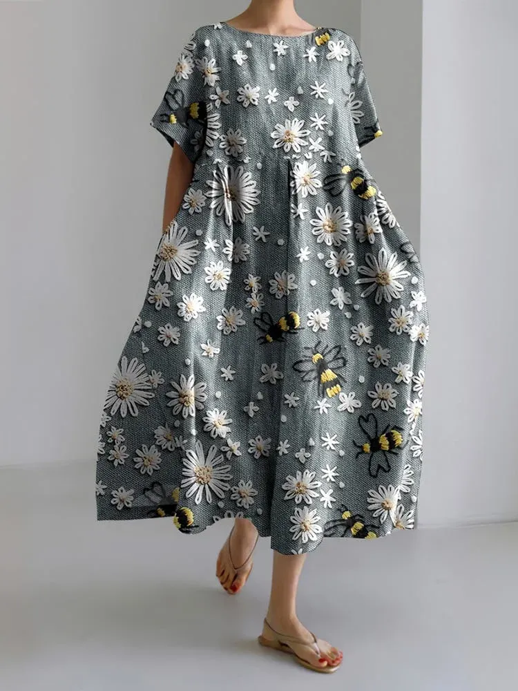 Lässiges Damenkleid mit Bienenprint und floraler Spitze