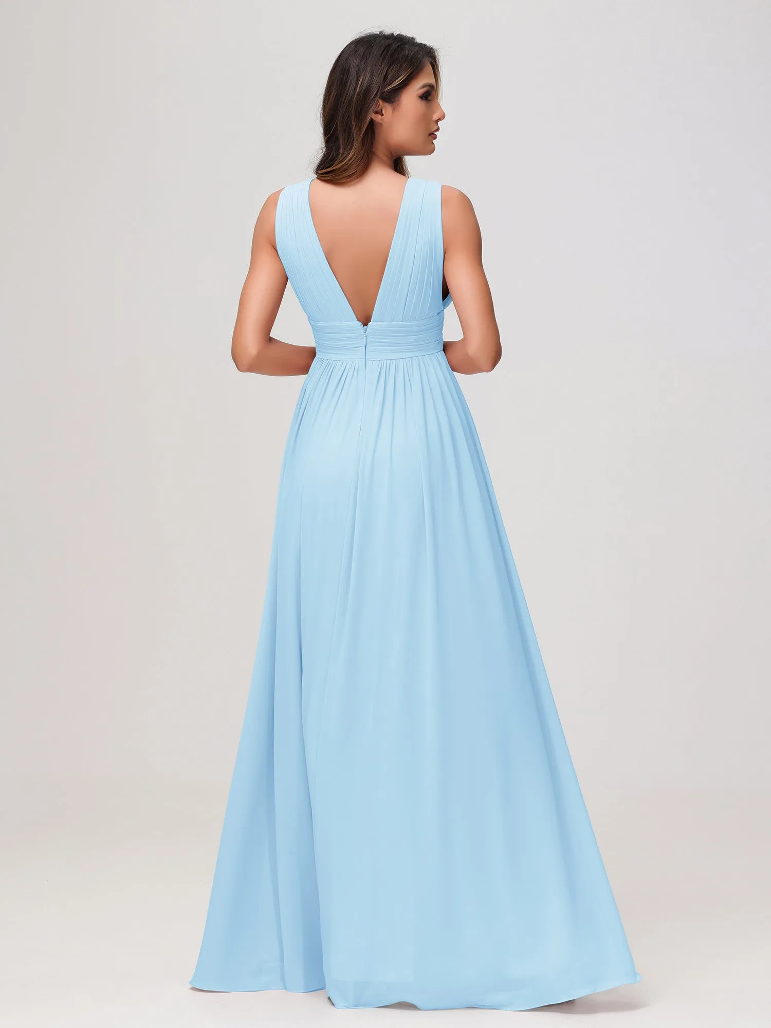 rmellos V-Ausschnitt Chiffon A-Linie Kleid mit Schlitz Himmelblau